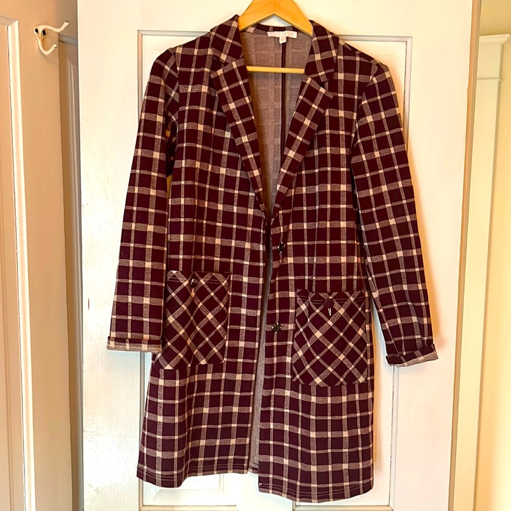 Harlan maroon plaid long blazer or trench